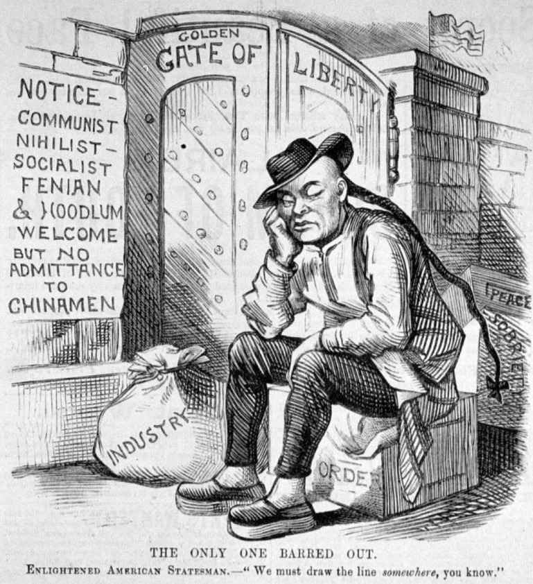 The 1882 political cartoon shows a Chinese refusing to enter the United States