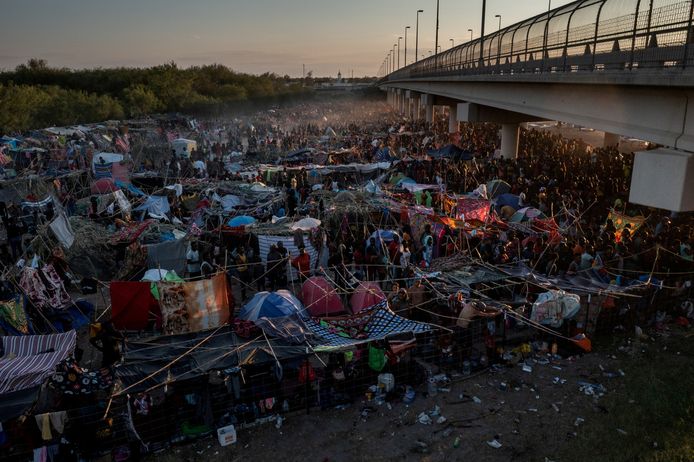 A temporary camp for migrants under the Del Rio International Bridge.