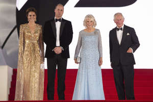 Duchess Kate, Prince William, Duchess Camilla and Prince Charles at the No Time To Die premiere, September 2021. Photo: BrunoPress