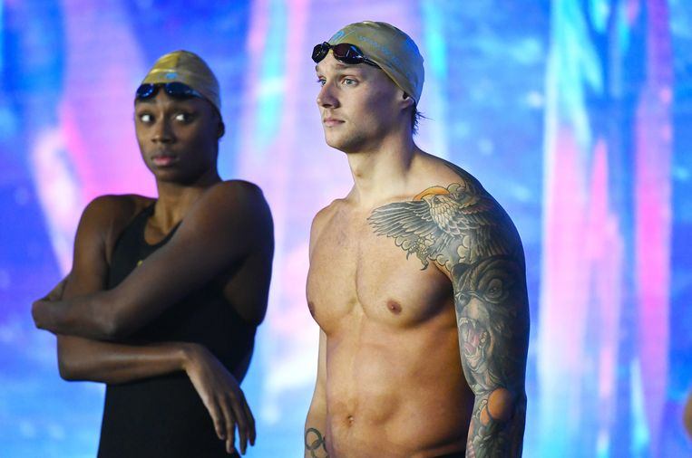 During the FINA Finals at the Peter van den Hoogenband Swimming Stadium, Caleb Dressel (right) had a curious look at a competitor.  ANP . image