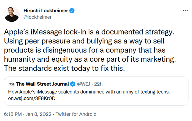 Lockheimer tweeted on iMessage