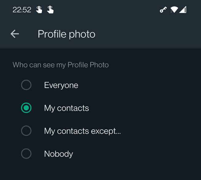 WhatsApp privacy option: contacts except