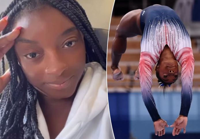 Left: Simone Biles reacts to the incident with an embarrassed face.  Right: Bills in action at the Beijing Olympics.