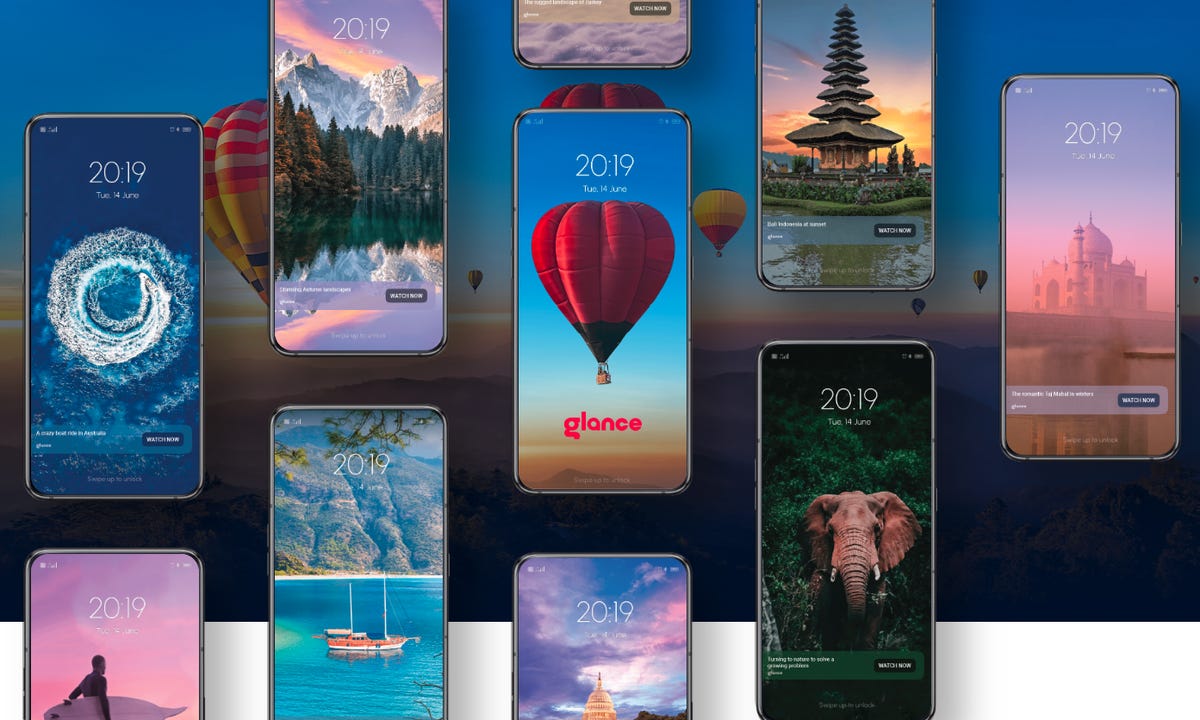 Screenshot of the Glance website showing lock screens on some phones