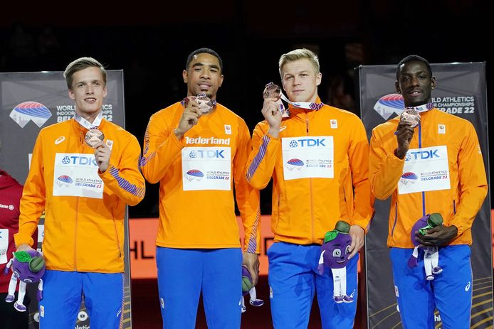 Tony van Diepen, Terence Agard, Timir Burnett and Nick Smedt with their bronze medals at the World Indoor Championships in Belgrade in March.