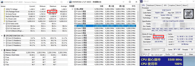 Core i9-13900K qualification sample tests with power limits disabled.  To maintain a full-core turbo of 5.5 GHz, the processor consumes about 350 watts.  Source: OneRaichu