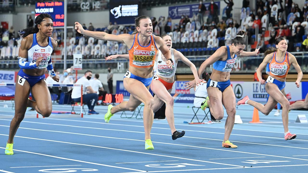Nadine Wieser wins the 60m hurdles during the European Indoor Athletics Championships in Torun, Poland.