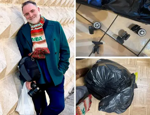 Benjamin to Benjamin Tel, four wheels on the floor next to a bag and black cloak full of clothes